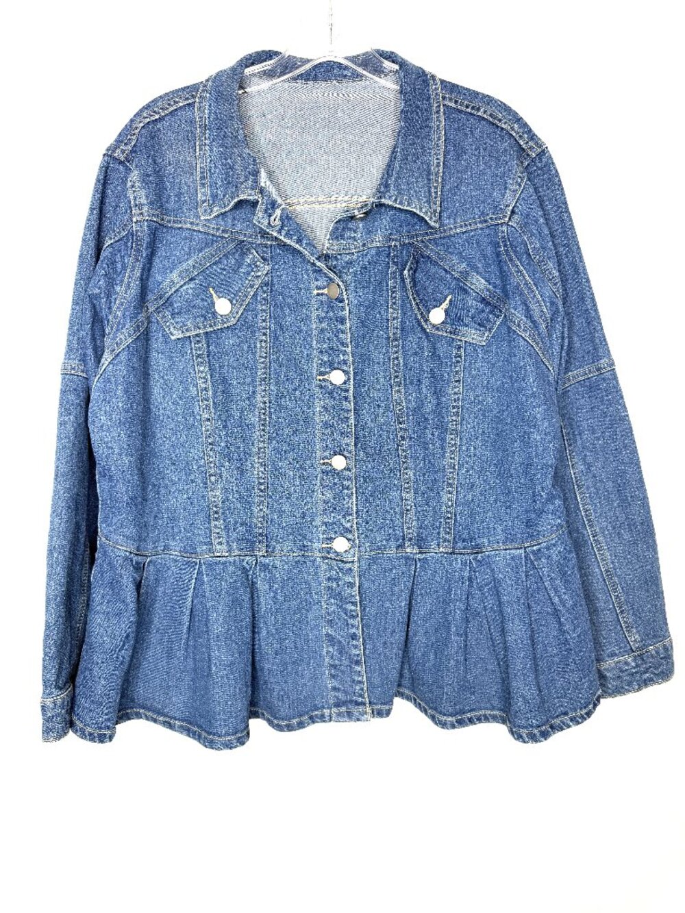 SHEIN Curve Woman’s Jean Jacket sz 2X Blue Denim Peplum Cotton Blend Stretch